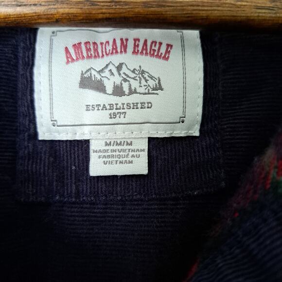 American Eagle Oversized Plaid Flannel Red/Navy Button Cabin Hoodie Women's Med - Picture 3 of 5